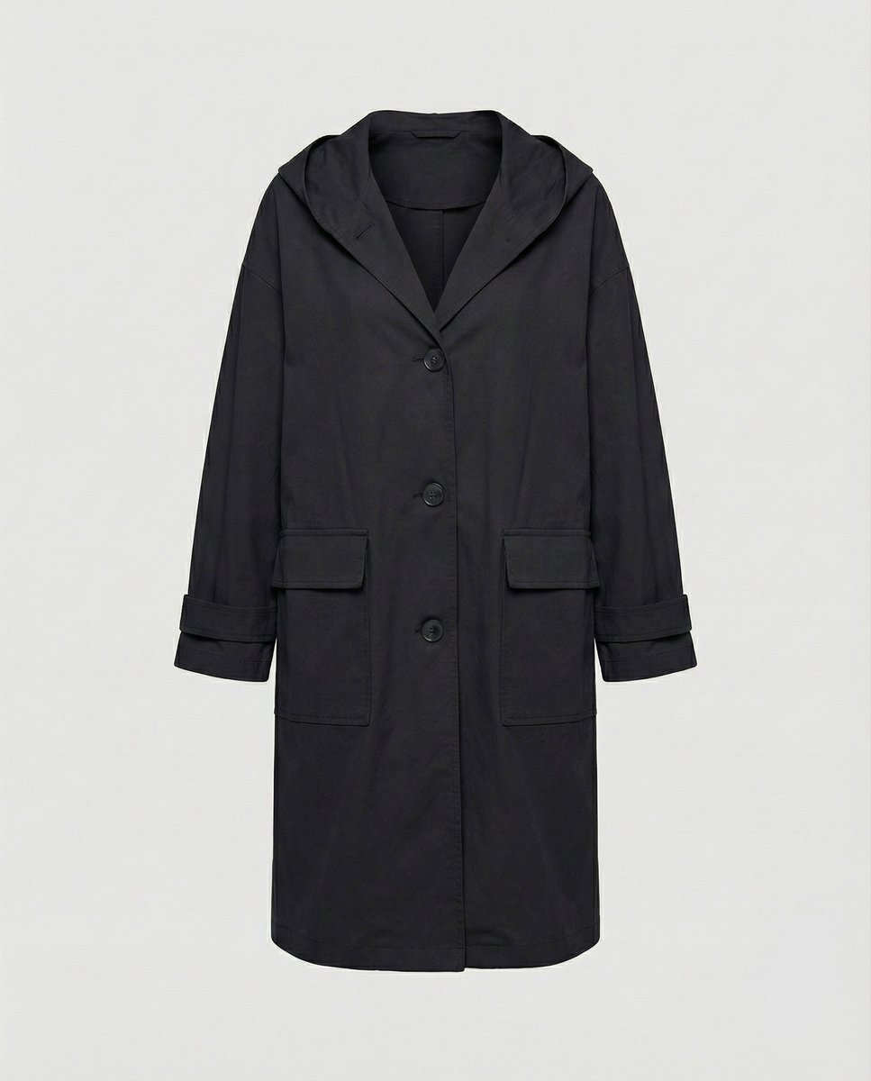 Dames Lange Waterafstotende Hooded Trench Coat - Zwart