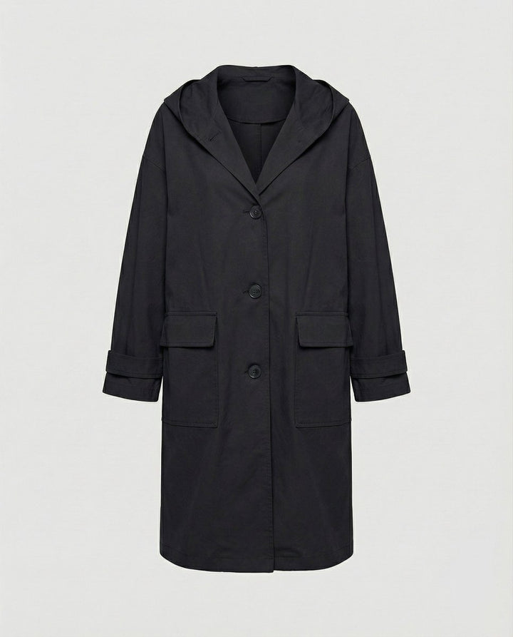 Dames Lange Waterafstotende Hooded Trench Coat - Zwart