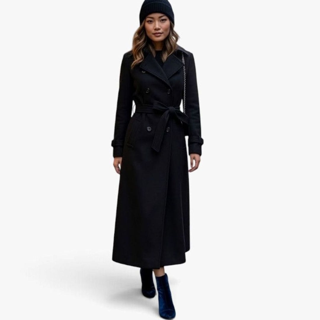 Dames Lange Winterjas Revers Kraag Knoop Sluiting - Zwart