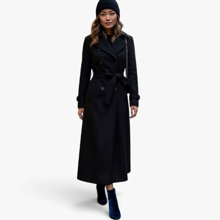 Dames Lange Winterjas Revers Kraag Knoop Sluiting - Zwart