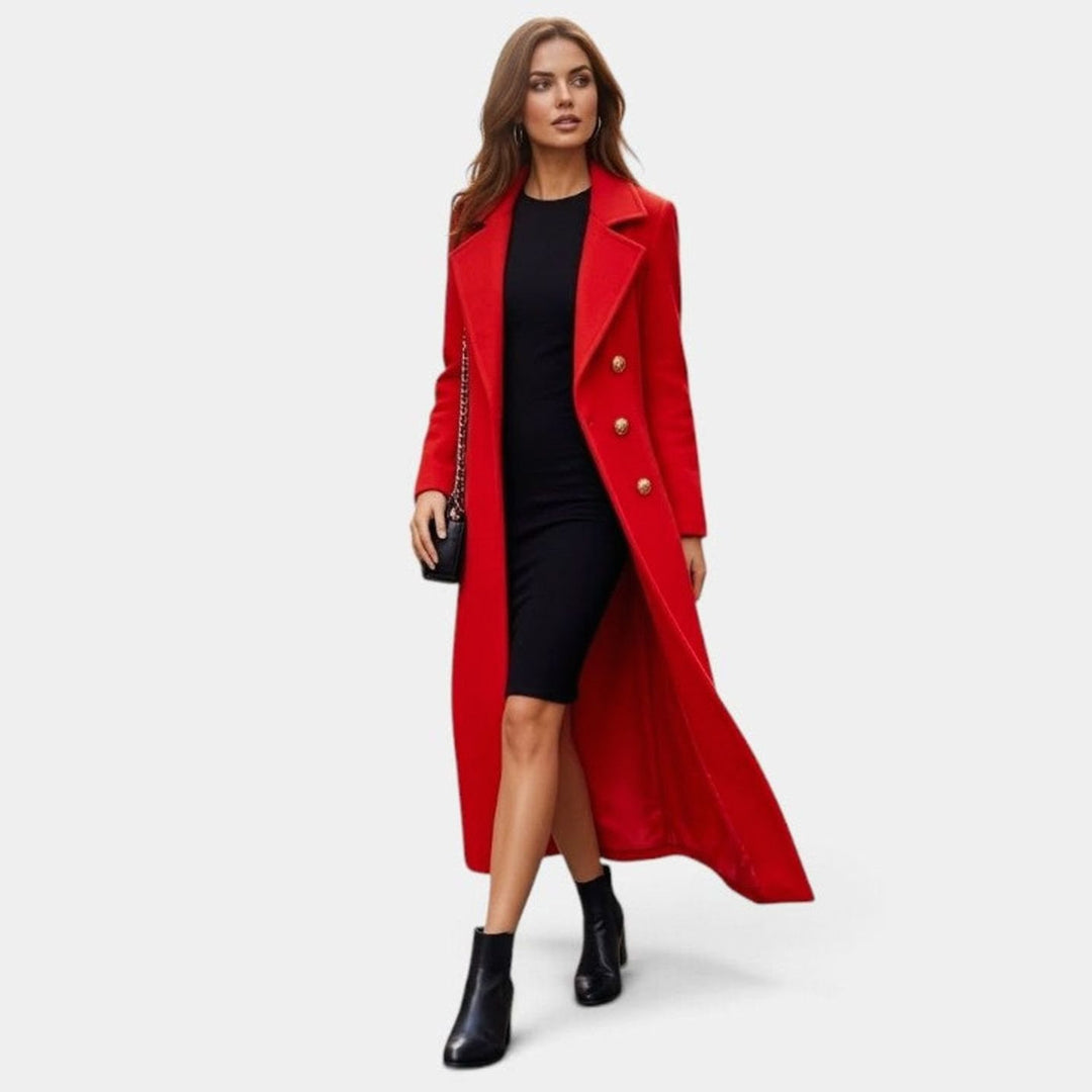 Dames Lange Winterjas Revers Kraag Knoop Sluiting - Rood
