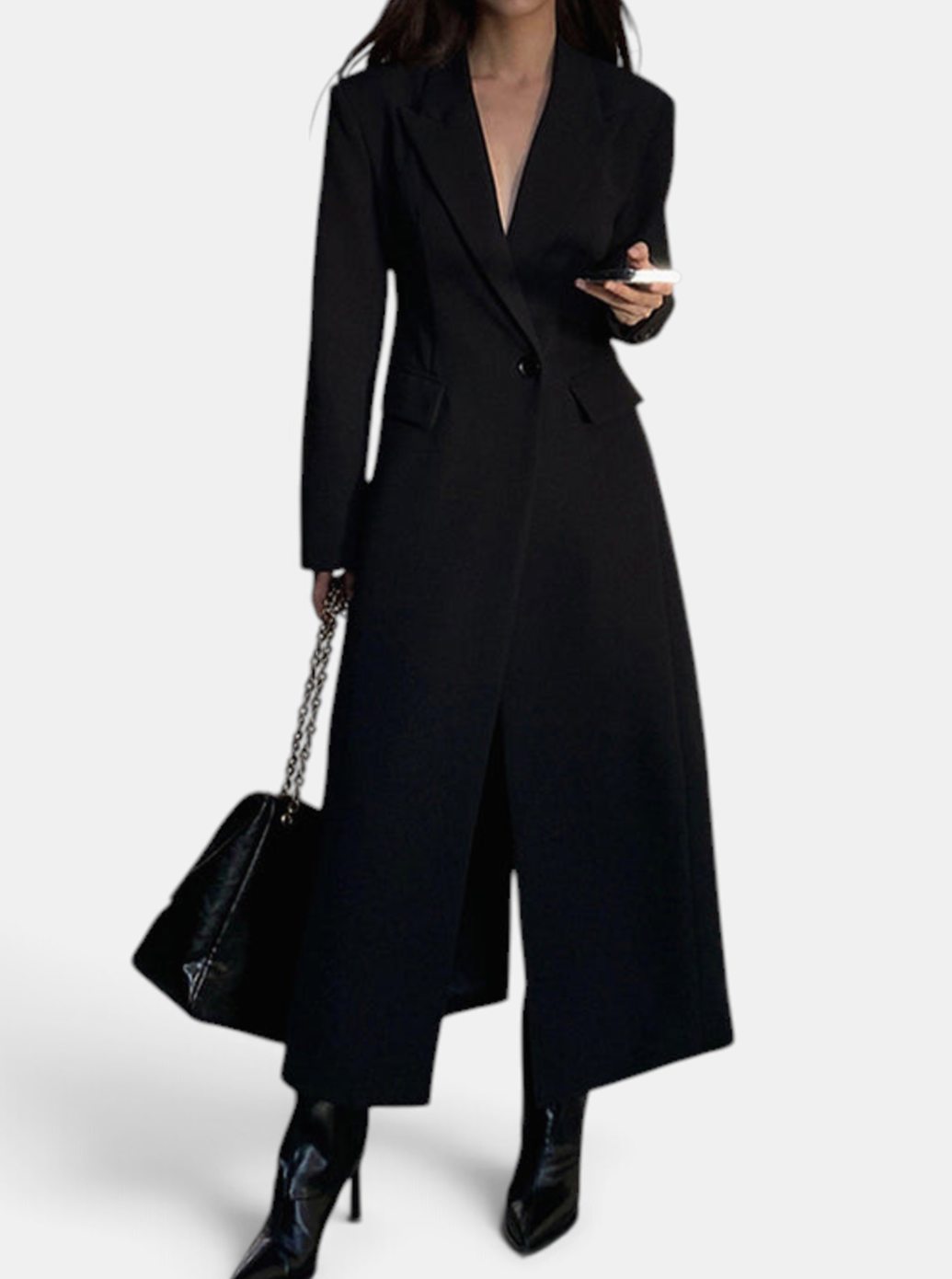 Dames Lange Wollen Jas met Enkele Knoopsluiting - Zwart