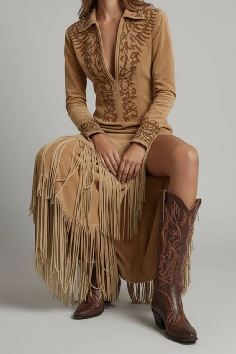 Dames Langsmouw Franjes Maxi Avondjurk Westerse Geborduurde Stijl - Light brown