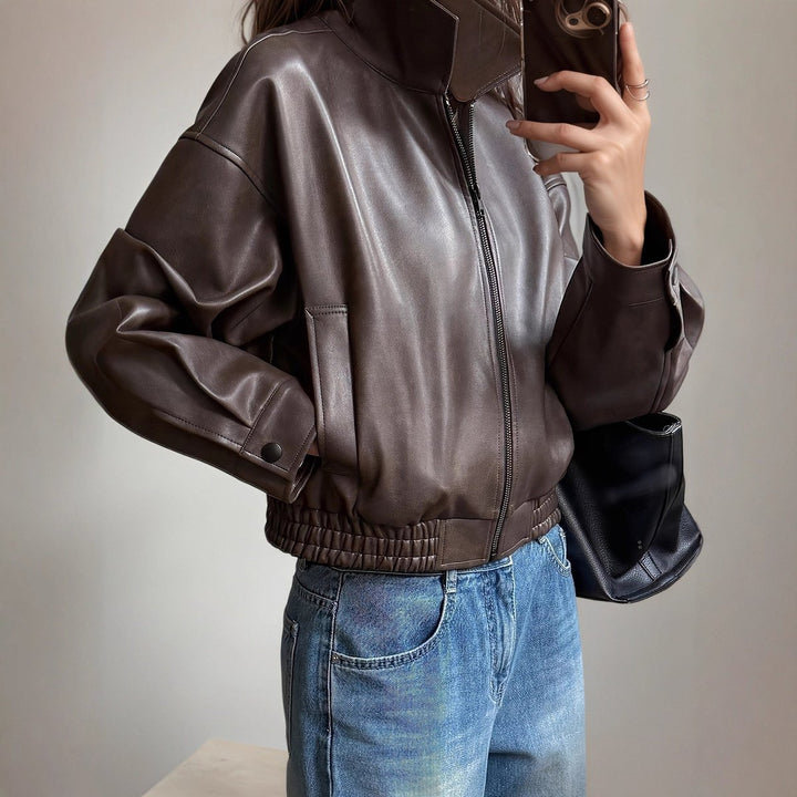 Dames Leather Jacket Ritssluiting Elastische Taille Lange Mouwen