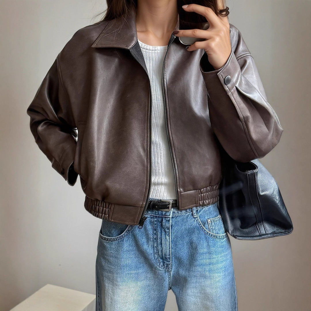 Dames Leather Jacket Ritssluiting Elastische Taille Lange Mouwen - Donkerbruin