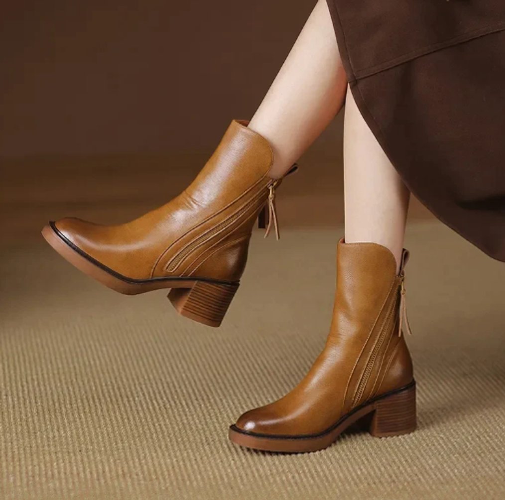 Dames Leren Blokhak Ankle Boots met Rits - Bruin