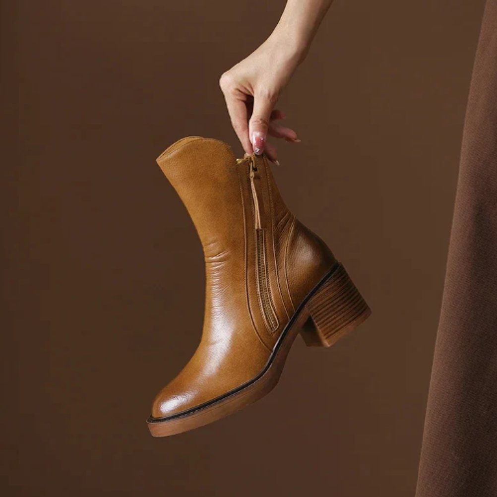 Dames Leren Blokhak Ankle Boots met Rits