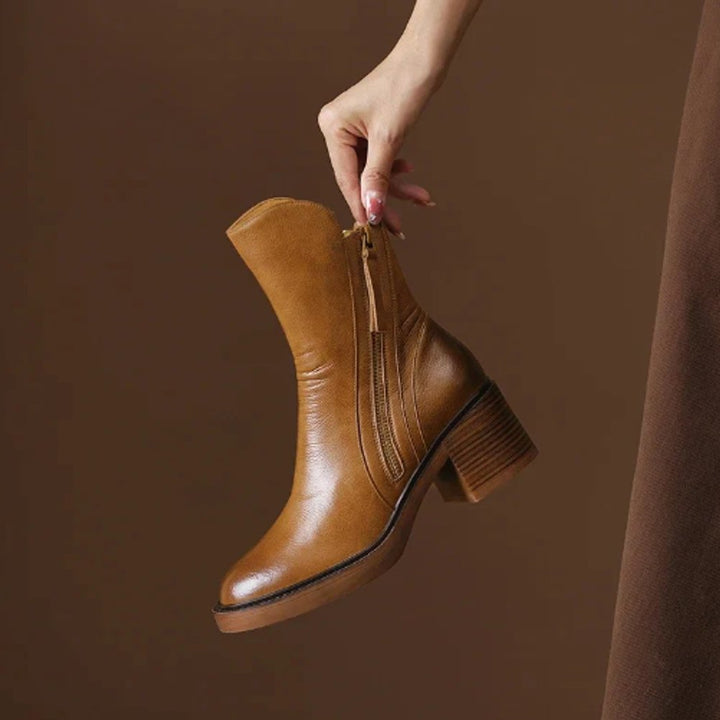 Dames Leren Blokhak Ankle Boots met Rits