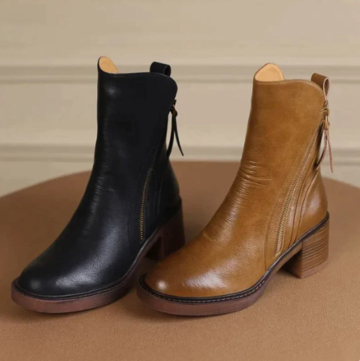 Dames Leren Blokhak Ankle Boots met Rits