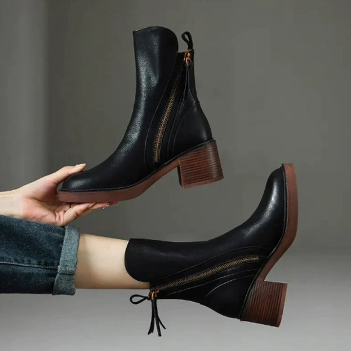 Dames Leren Blokhak Ankle Boots met Rits - Zwart