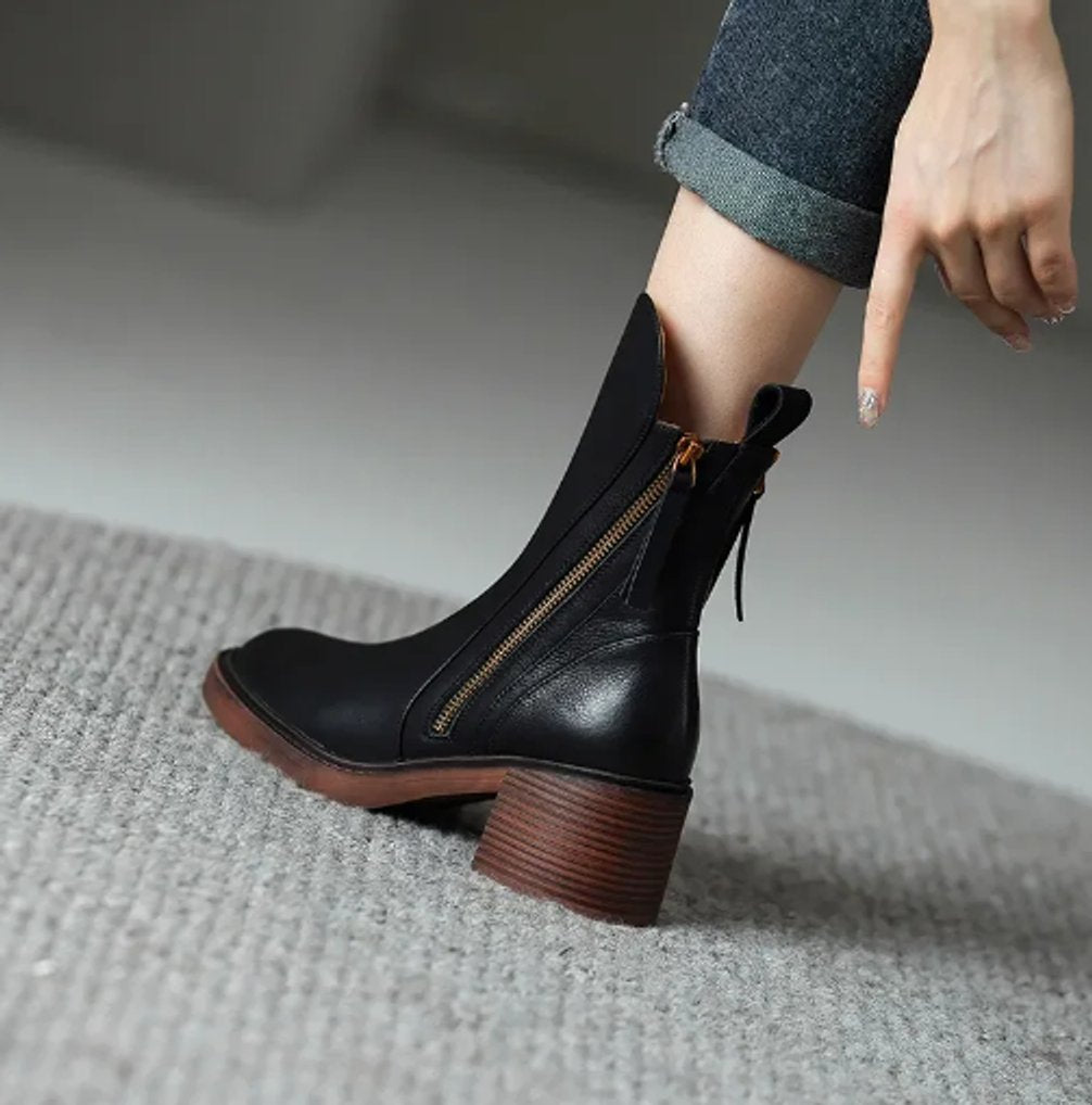 Dames Leren Blokhak Ankle Boots met Rits