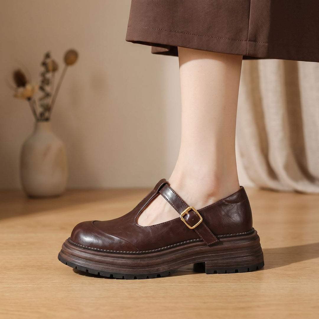 Dames Leren Mary Jane Schoenen met T-Bandje en Plateauzool