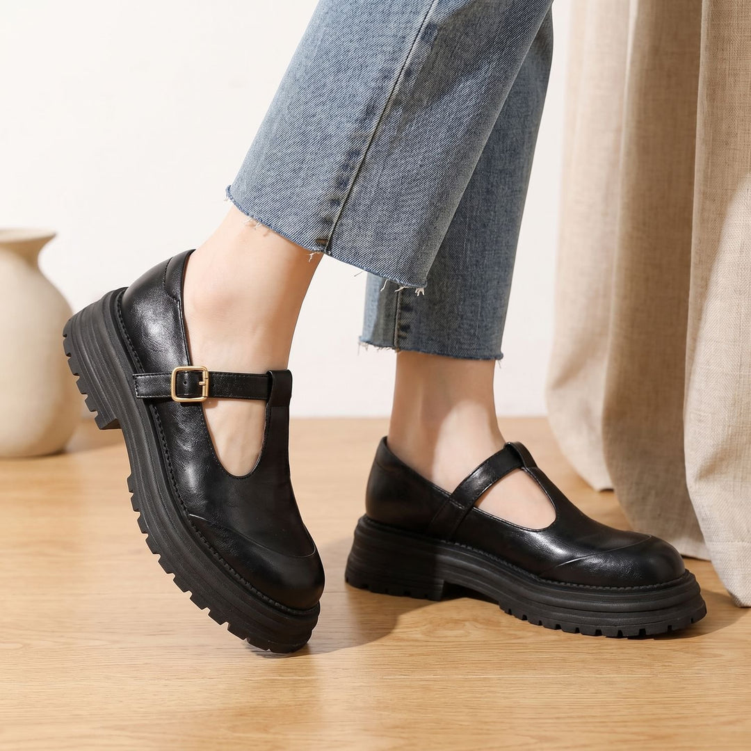 Dames Leren Mary Jane Schoenen met T-Bandje en Plateauzool
