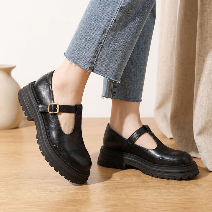Dames Leren Mary Jane Schoenen met T-Bandje en Plateauzool