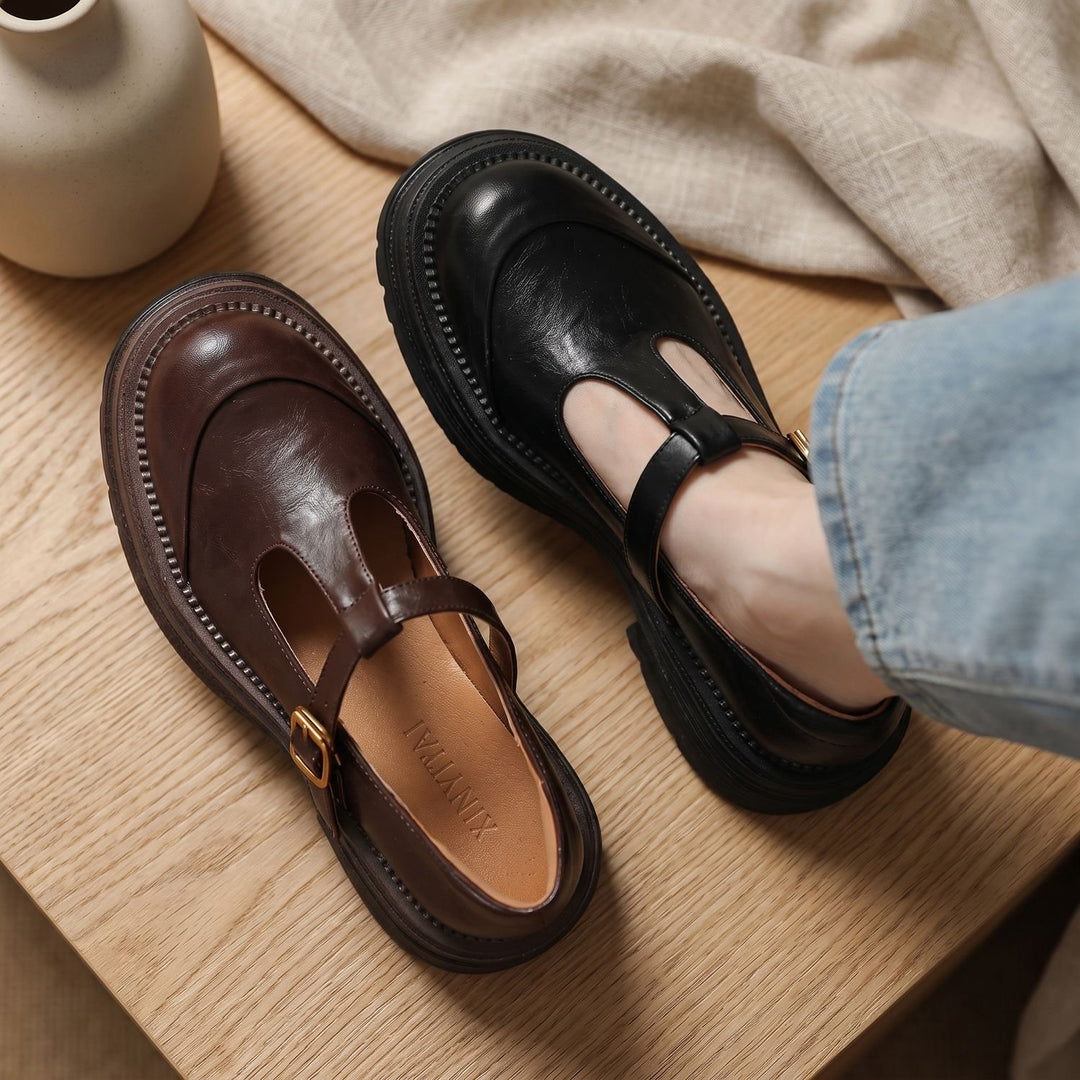 Dames Leren Mary Jane Schoenen met T-Bandje en Plateauzool