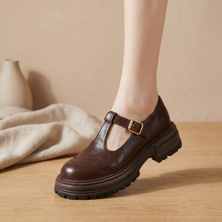 Dames Leren Mary Jane Schoenen met T-Bandje en Plateauzool