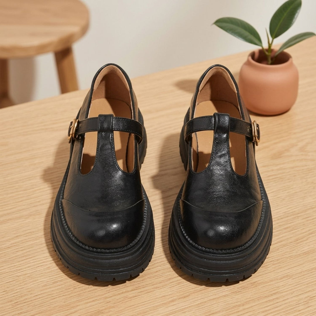 Dames Leren Mary Jane Schoenen met T-Bandje en Plateauzool - Zwart