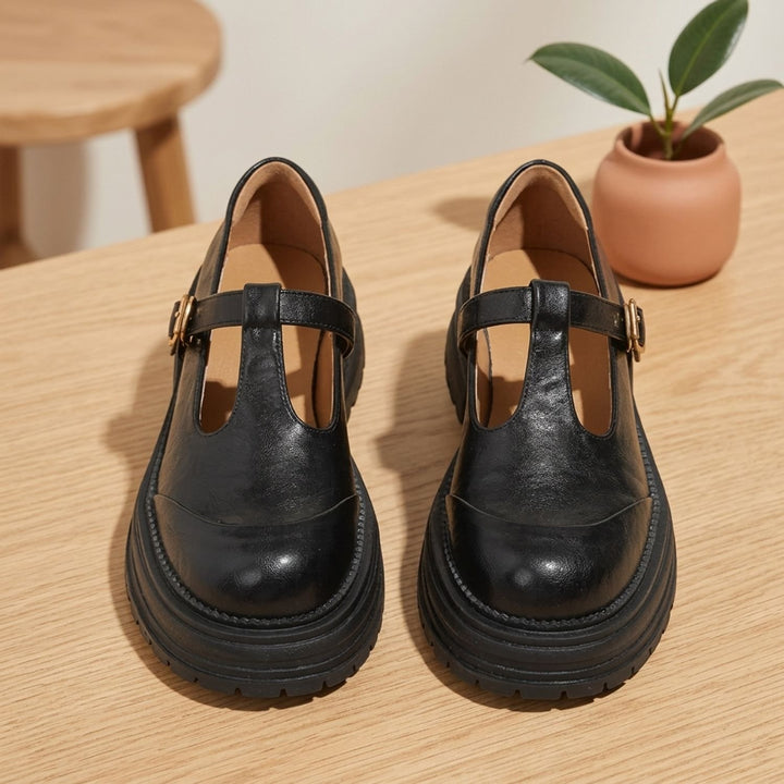 Dames Leren Mary Jane Schoenen met T-Bandje en Plateauzool - Zwart