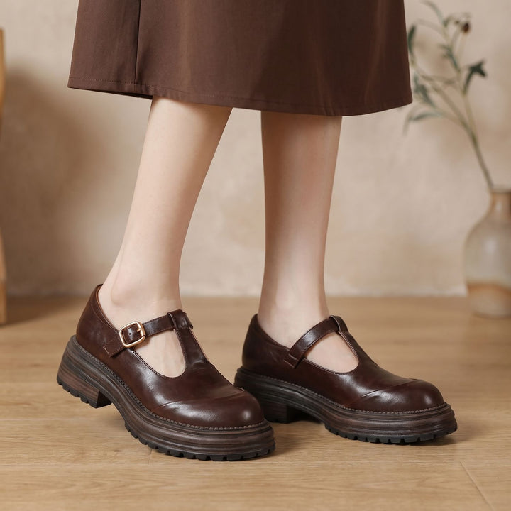 Dames Leren Mary Jane Schoenen met T-Bandje en Plateauzool - Bruin
