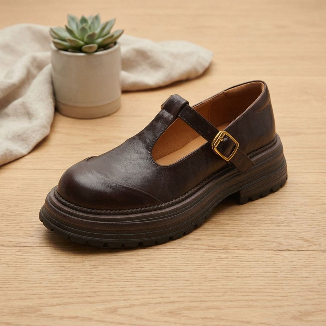 Dames Leren Mary Jane Schoenen met T-Bandje en Plateauzool