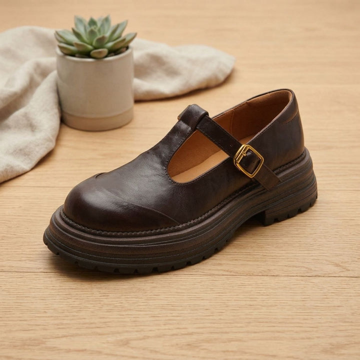 Dames Leren Mary Jane Schoenen met T-Bandje en Plateauzool