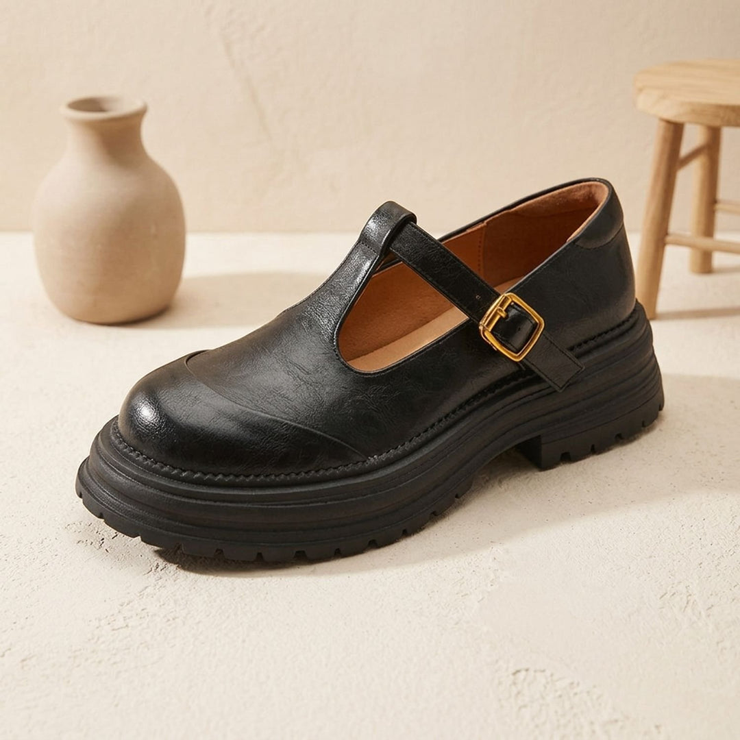 Dames Leren Mary Jane Schoenen met T-Bandje en Plateauzool