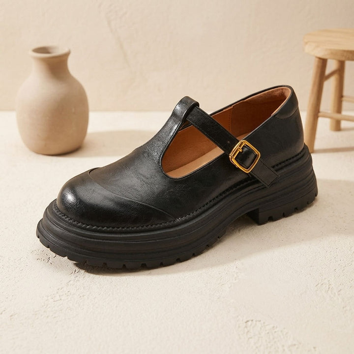 Dames Leren Mary Jane Schoenen met T-Bandje en Plateauzool