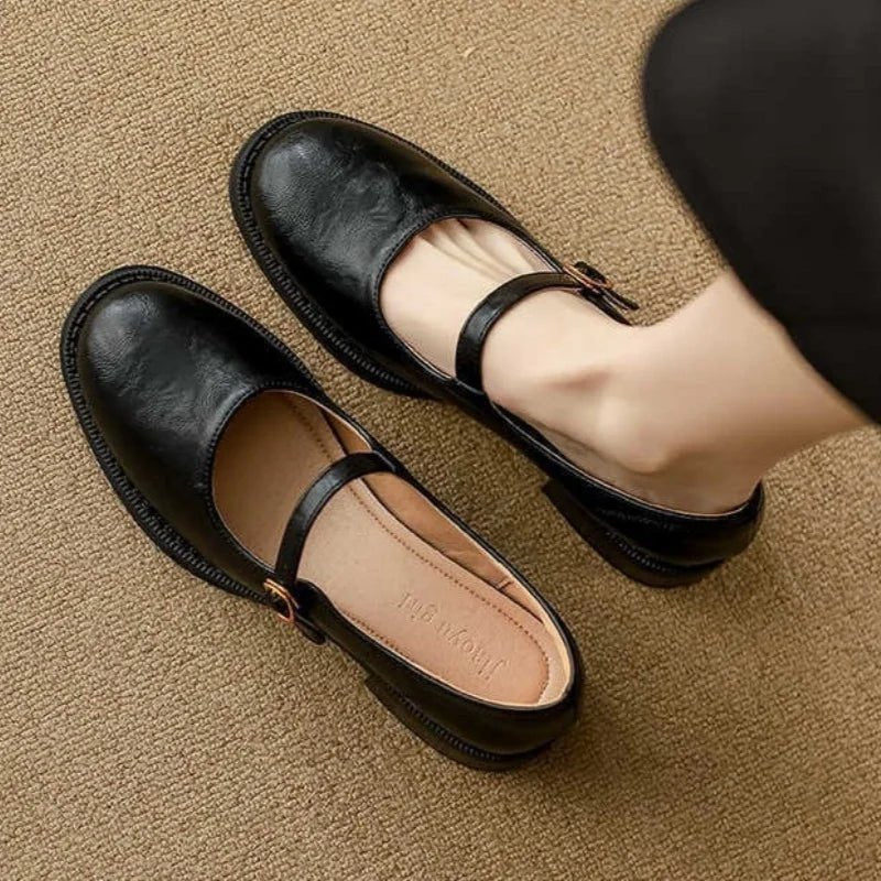 Dames Leren Mary Jane Schoenen Verstelbare Gesp Lage Blokhak