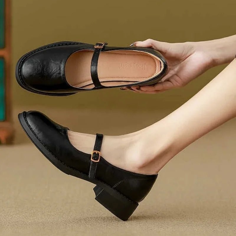 Dames Leren Mary Jane Schoenen Verstelbare Gesp Lage Blokhak - Black