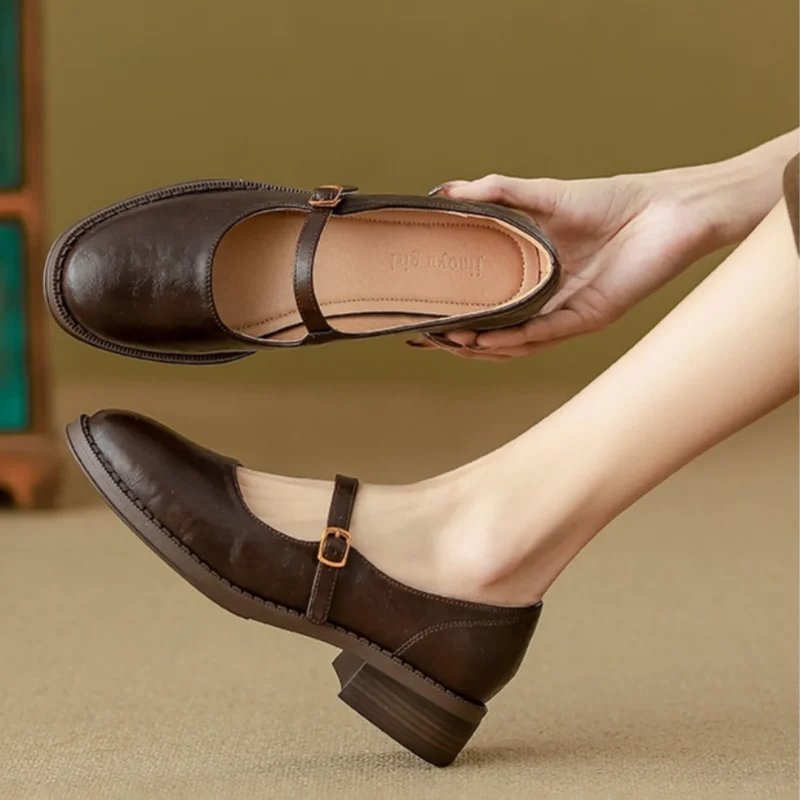 Dames Leren Mary Jane Schoenen Verstelbare Gesp Lage Blokhak - Brown