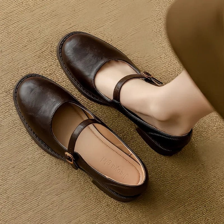 Dames Leren Mary Jane Schoenen Verstelbare Gesp Lage Blokhak
