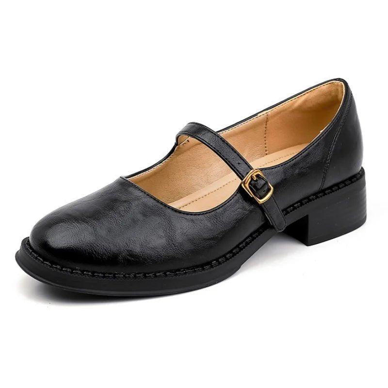 Dames Leren Mary Jane Schoenen Verstelbare Gesp Lage Blokhak