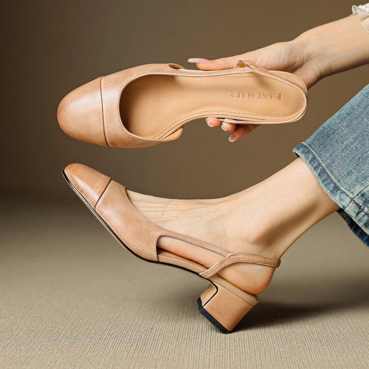 Dames Leren Slingback Pumps Amandelneus Blokhak - Apricot