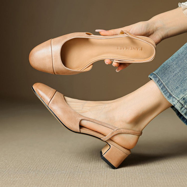 Dames Leren Slingback Pumps Amandelneus Blokhak - Apricot