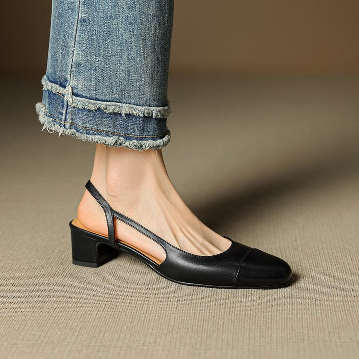 Dames Leren Slingback Pumps Amandelneus Blokhak - Black
