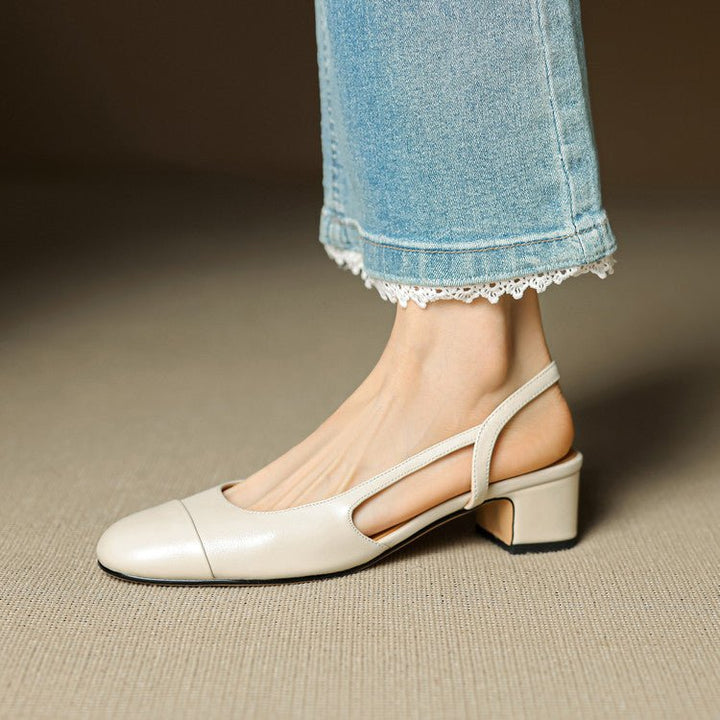 Dames Leren Slingback Pumps Amandelneus Blokhak - Beige