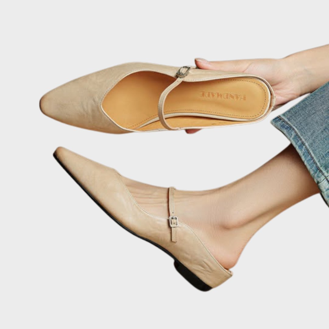 Dames Leren Spitse Instap Mules Mary Jane Riemgespen Flats - Beige