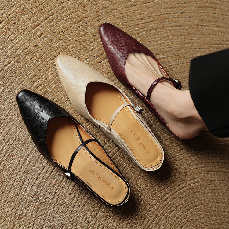 Dames Leren Spitse Instap Mules Mary Jane Riemgespen Flats