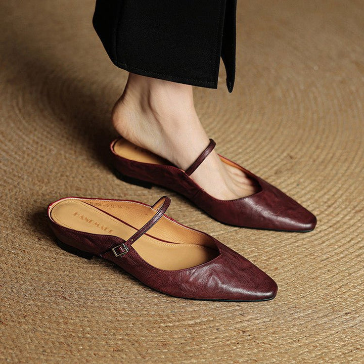Dames Leren Spitse Instap Mules Mary Jane Riemgespen Flats - Braun