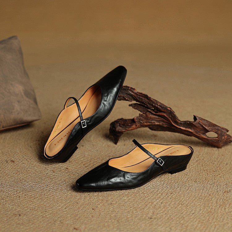 Dames Leren Spitse Instap Mules Mary Jane Riemgespen Flats