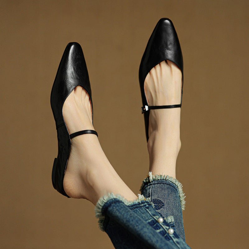 Dames Leren Spitse Instap Mules Mary Jane Riemgespen Flats - Schwarz
