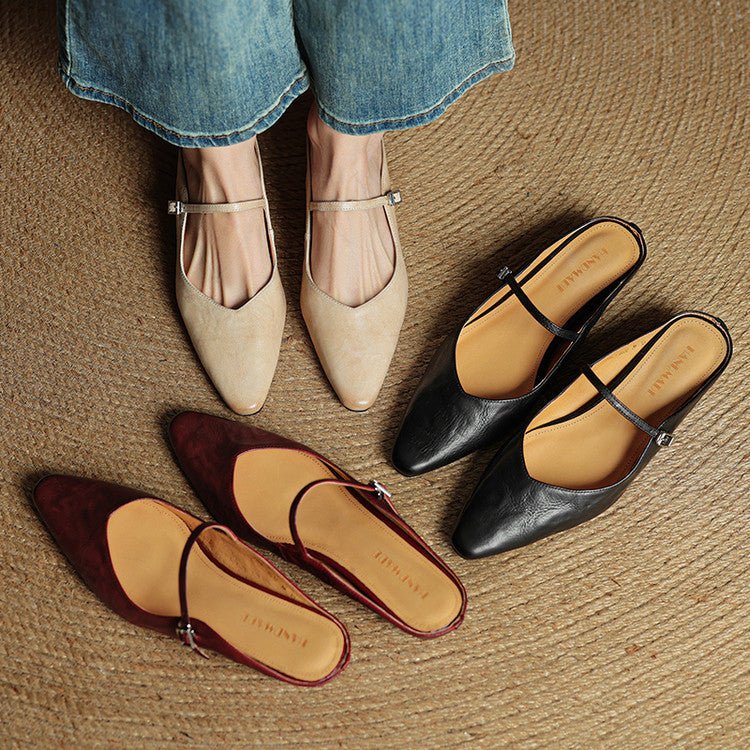 Dames Leren Spitse Instap Mules Mary Jane Riemgespen Flats