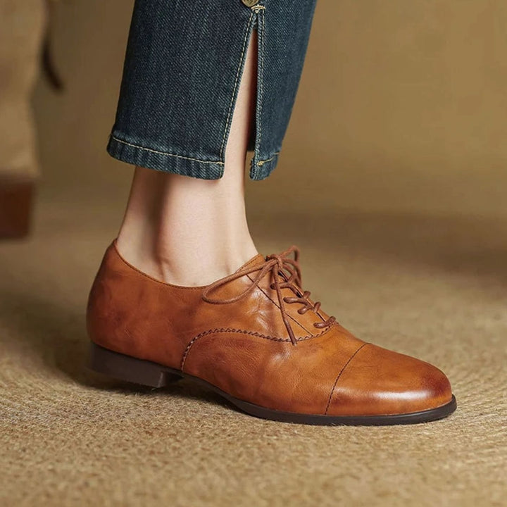 Dames Leren Veterschoenen Oxford Platte Cap Toe - Caramel