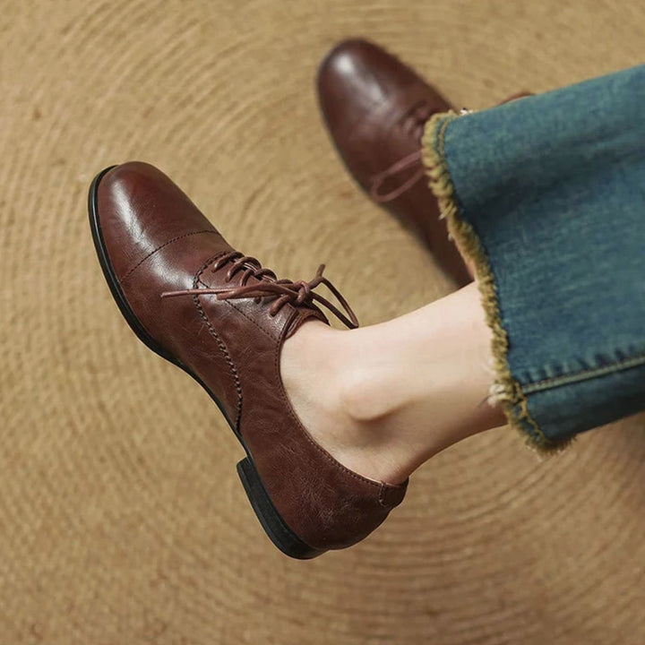 Dames Leren Veterschoenen Oxford Platte Cap Toe