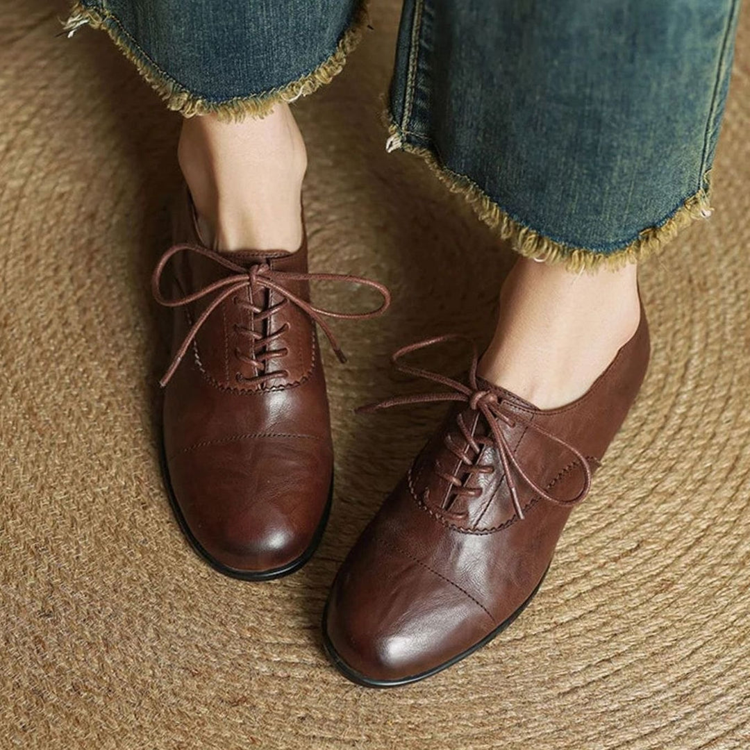 Dames Leren Veterschoenen Oxford Platte Cap Toe