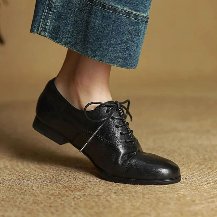 Dames Leren Veterschoenen Oxford Platte Cap Toe - Zwart