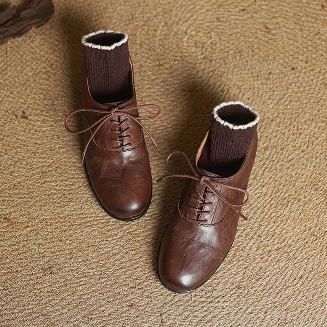 Dames Leren Veterschoenen Oxford Platte Cap Toe