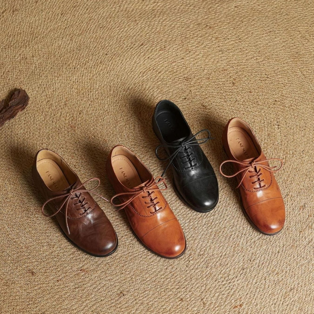 Dames Leren Veterschoenen Oxford Platte Cap Toe