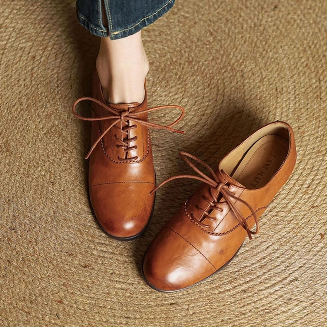 Dames Leren Veterschoenen Oxford Platte Cap Toe