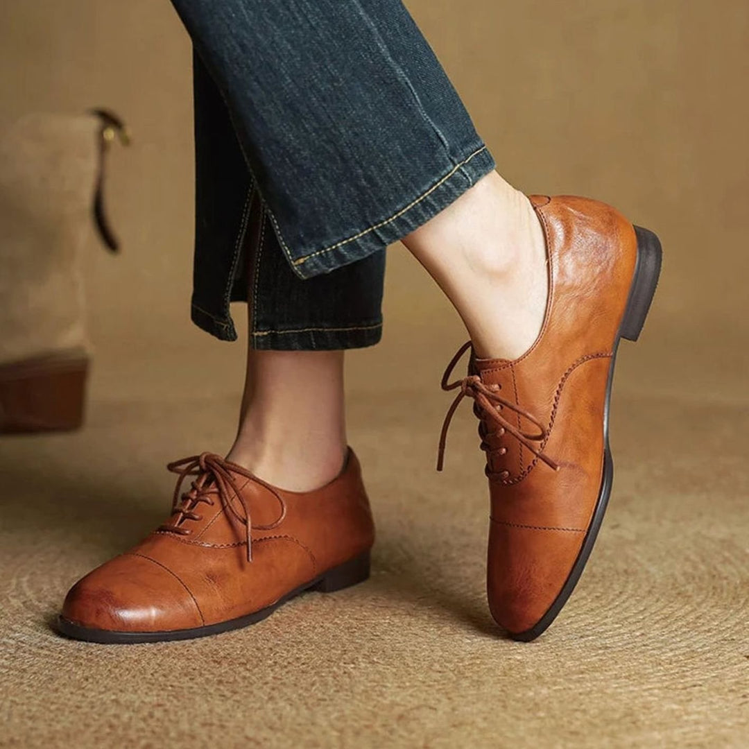 Dames Leren Veterschoenen Oxford Platte Cap Toe